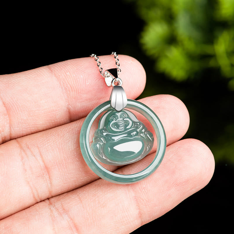 ATELIER-TIBET Collier Bouddha Rieur en Jade Naturel et Argent 925