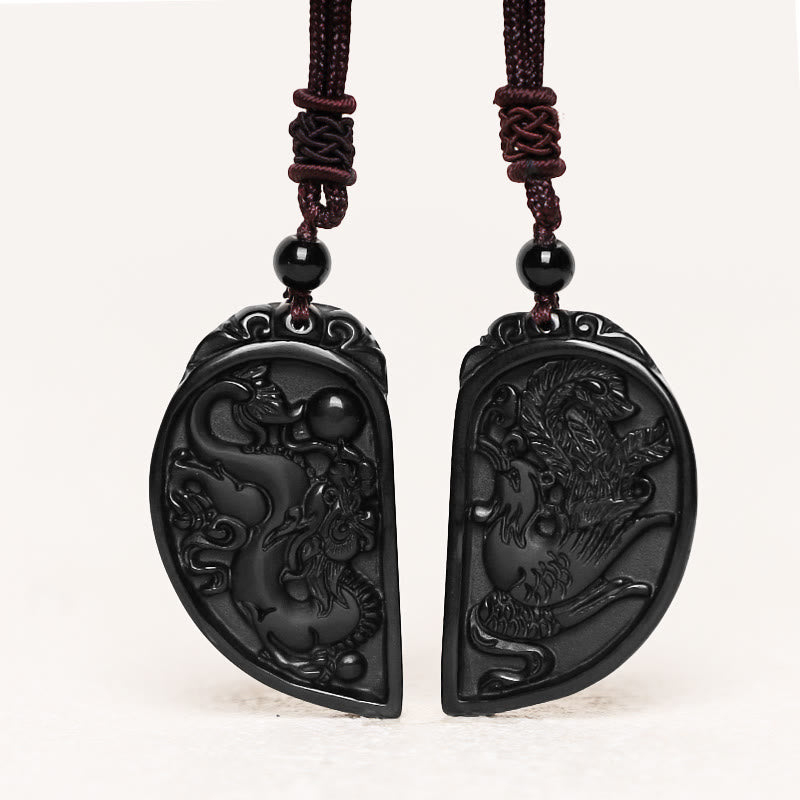 ATELIER-TIBET – Collier Dragon & Phénix en Obsidienne Noire Naturelle