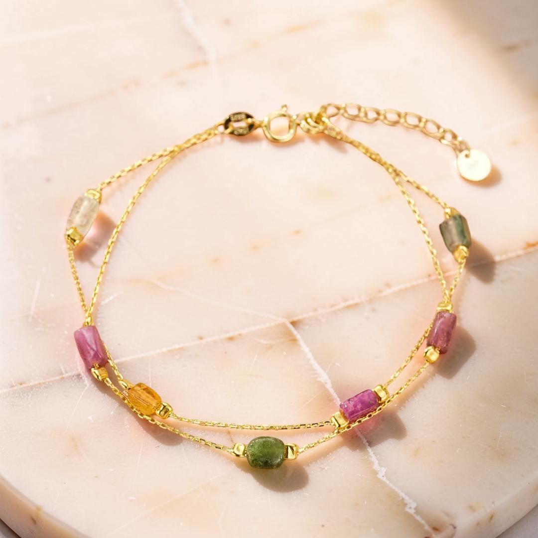 ATELIER-TIBET – Bracelet Tourmaline – Cristaux Bruts, Argent Plaqué Or