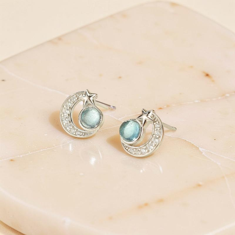 ATELIER-TIBET – Boucles d'oreilles Aigue marine – Étoile Lunaire, Argent