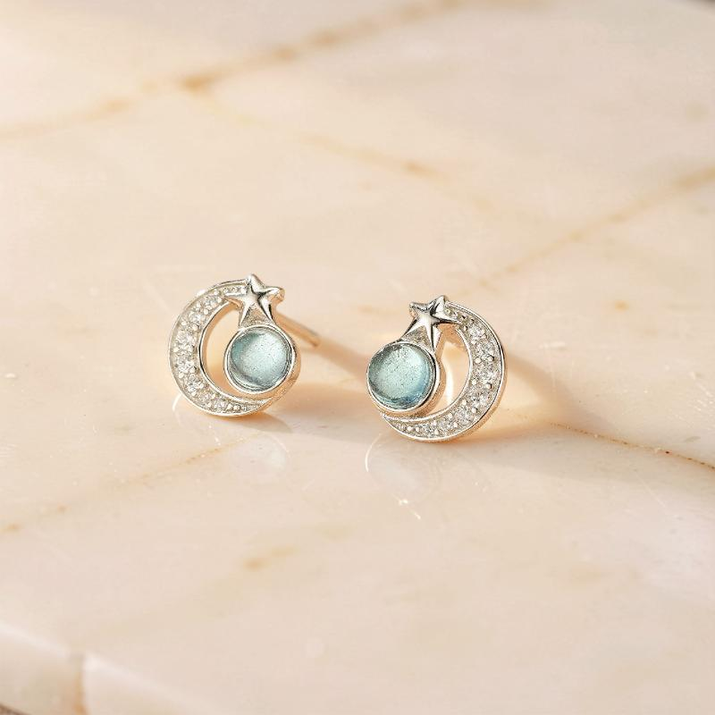 ATELIER-TIBET – Boucles d'oreilles Aigue marine – Étoile Lunaire, Argent