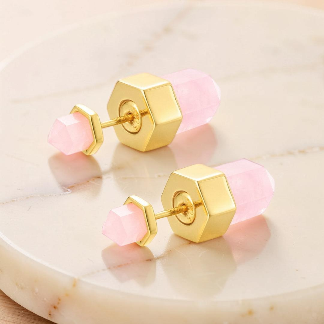 ATELIER-TIBET – Boucles d’oreilles Quartz Rose – Point de Lumière, Argent Plaqué Or 10K