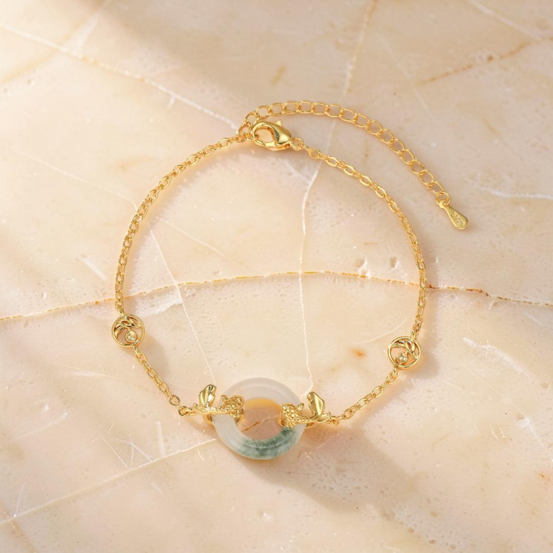 ATELIER-TIBET – Bracelet Jade et Carpe Koï – Charme d'Abondance, Plaqué Or