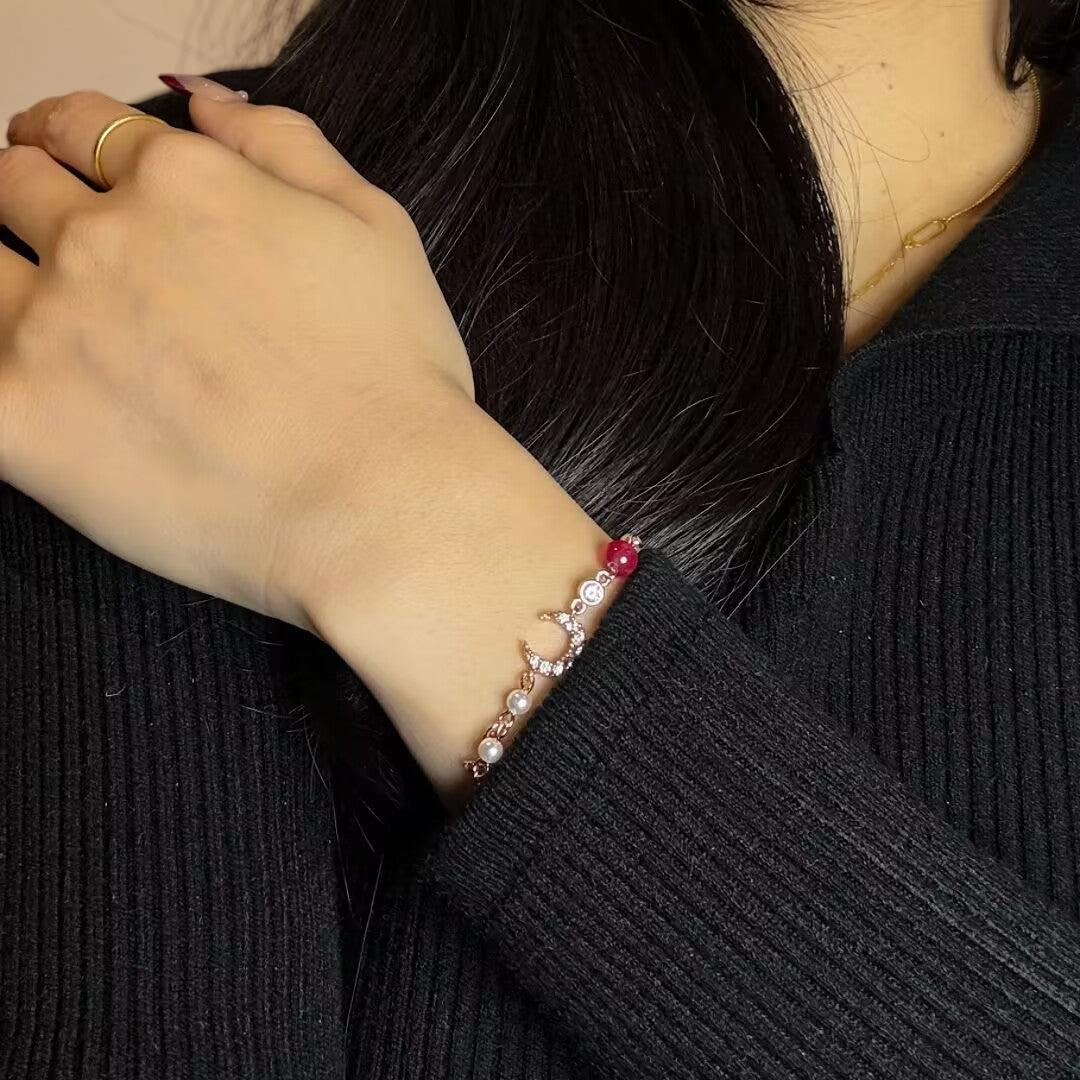 ATELIER-TIBET – Bracelet Lune et Étoile Perle – Lune Rose