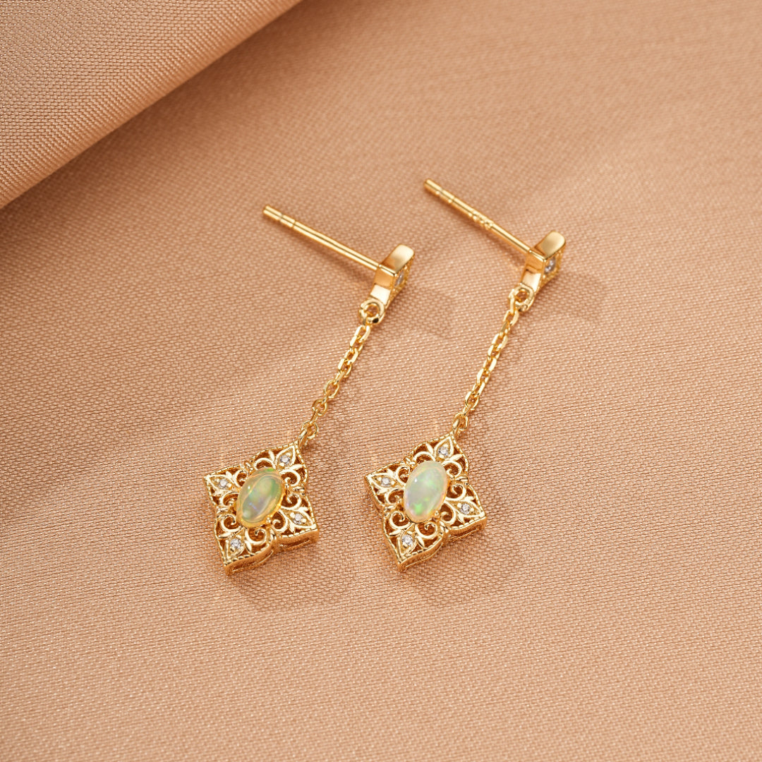 ATELIER-TIBET – Boucles d'Oreilles Opale – Lumière Bohème, Argent Plaqué Or 10K