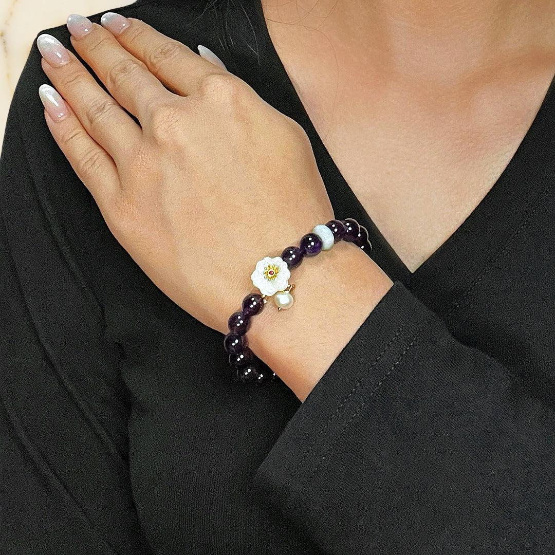 ATELIER-TIBET – Bracelet Améthyste, Jade et Perle – Fleur de Sérénité