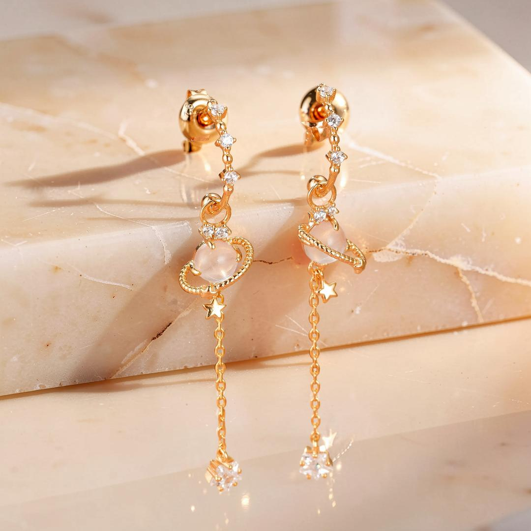 ATELIER-TIBET – Boucles d’Oreilles Quartz Rose – Galaxie Intérieure, Argent Plaqué Or 14K