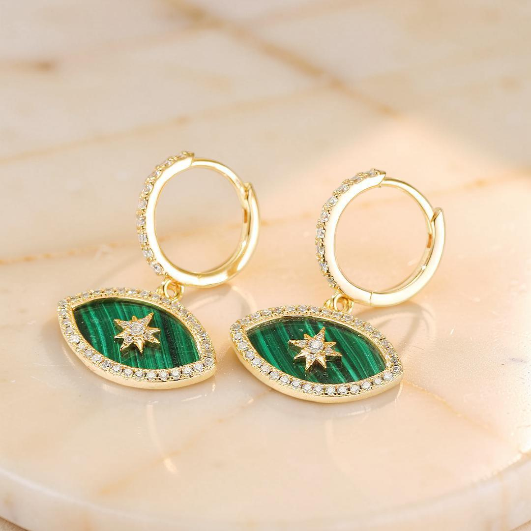 ATELIER-TIBET – Boucles d’oreilles Malachite – Regard Solaire, Argent Plaqué Or
