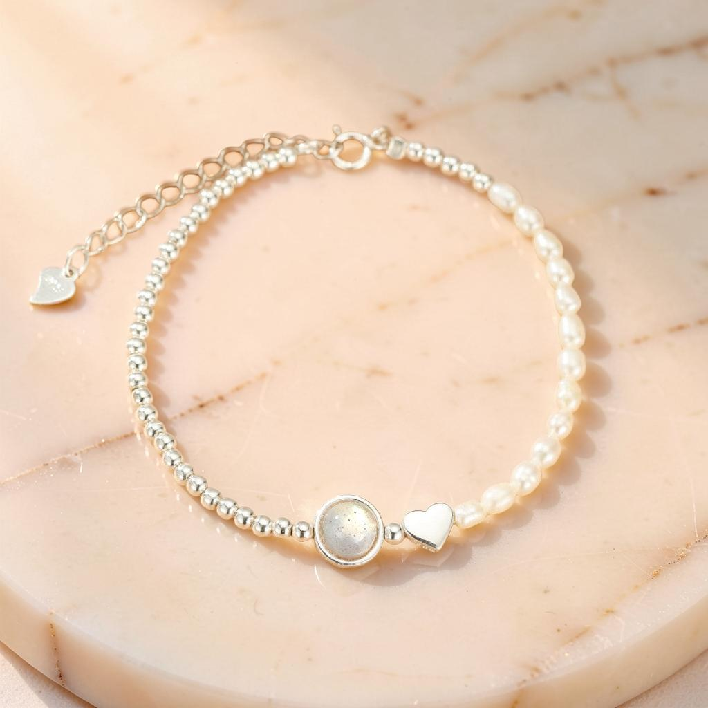 ATELIER-TIBET – Bracelet Pierre de Lune et Perles – Lumière Nacrée, Argent 925