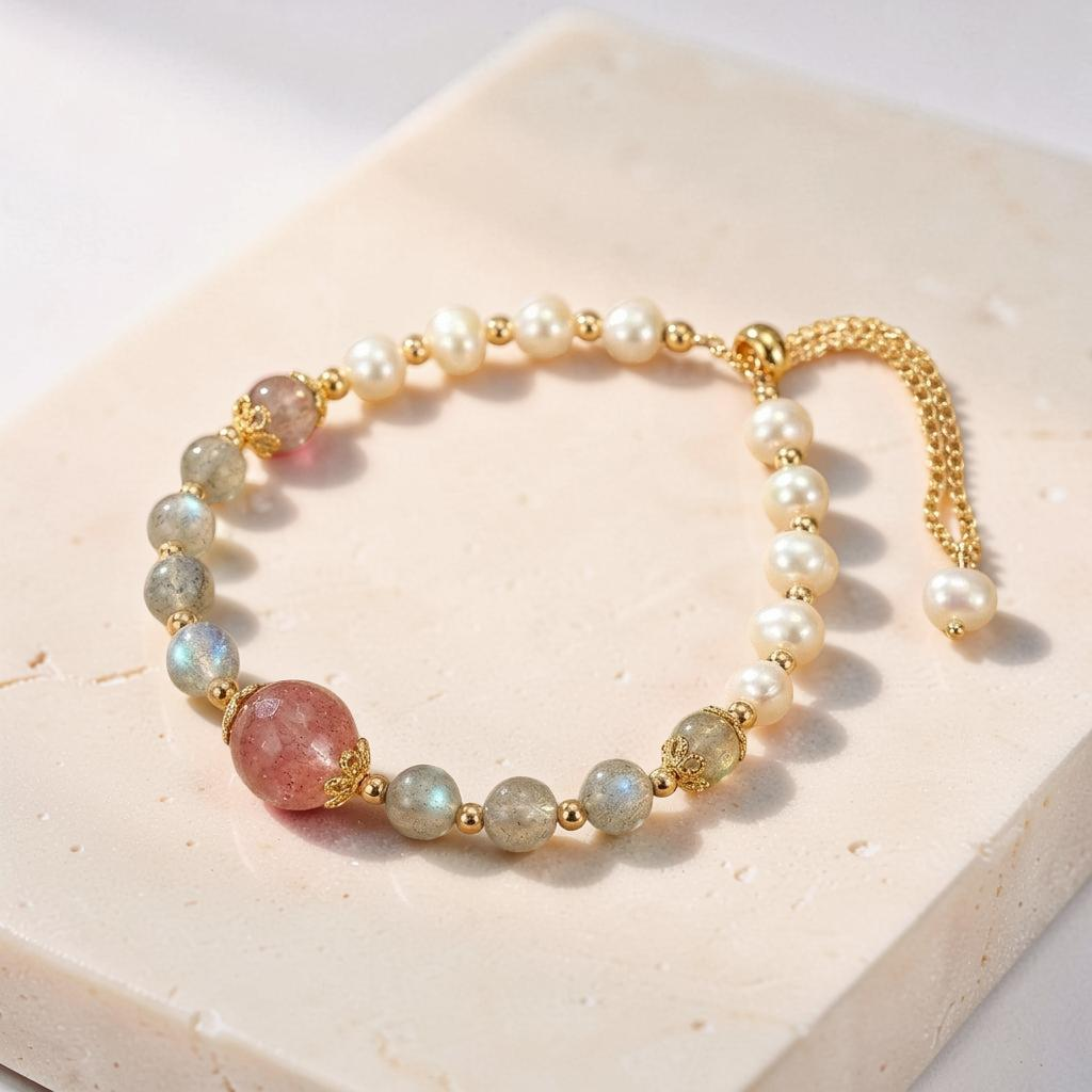 ATELIER-TIBET – Bracelet Labradorite, Perle et Quartz Fraise – Aura Lumineuse