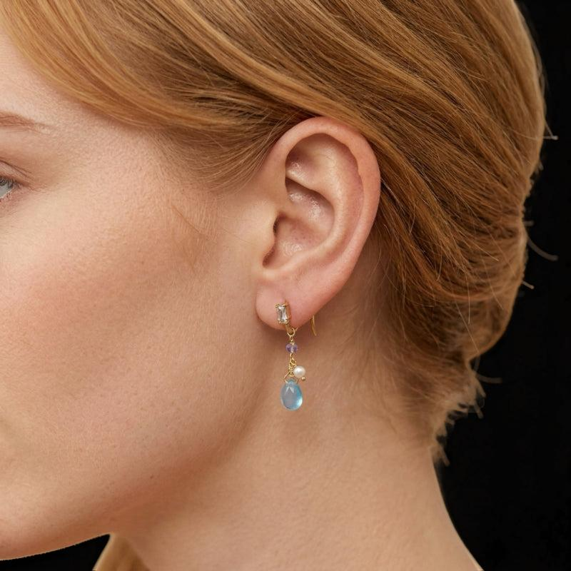 ATELIER-TIBET – Boucles d'Oreilles Topaze et Perle – Allure Marine, Argent Plaqué Or