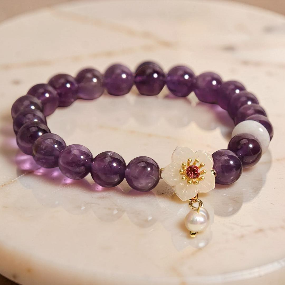 ATELIER-TIBET – Bracelet Améthyste, Jade et Perle – Fleur de Sérénité