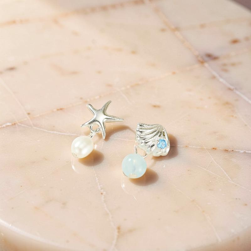 ATELIER-TIBET – Boucles d'oreilles Aigue marine et Perle – Étoile de l'Océan, Argent