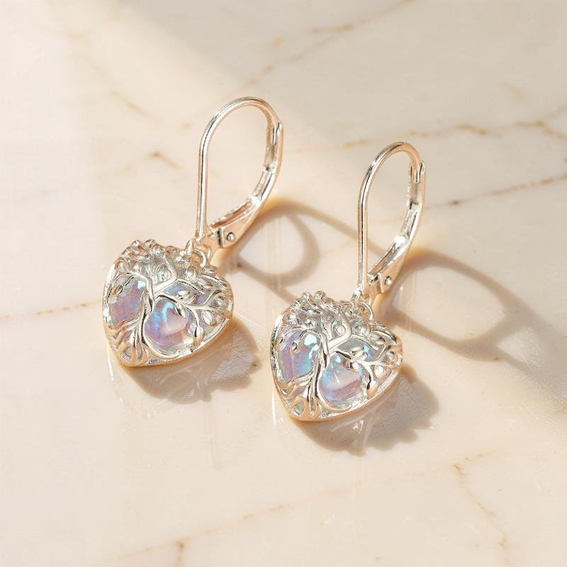 ATELIER-TIBET – Boucles d'Oreilles Pierre de Lune – Arbre Céleste, Argent S925