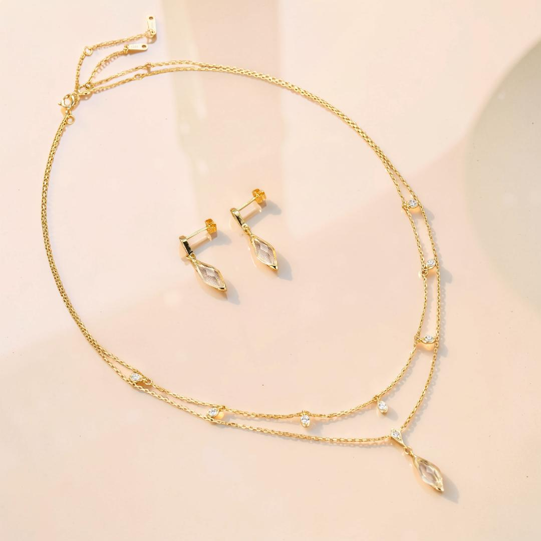ATELIER-TIBET – Boucles d'Oreilles Cristal de Roche – Pluie Dorée, Argent Plaqué Or 14K
