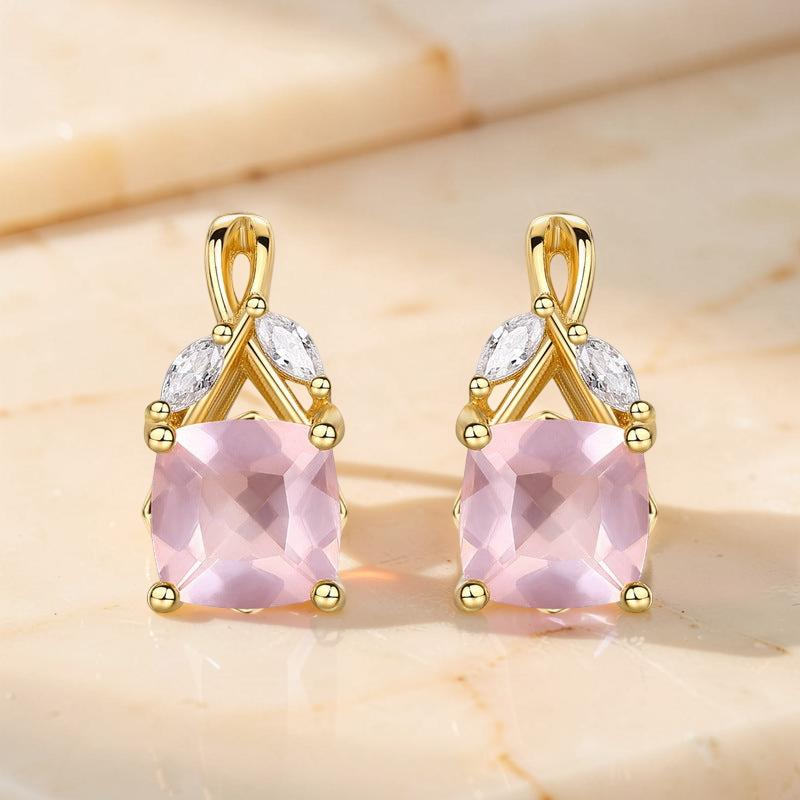 ATELIER-TIBET – Boucles d'Oreilles Quartz Rose – Élégant Feuillu, Argent Plaqué Or