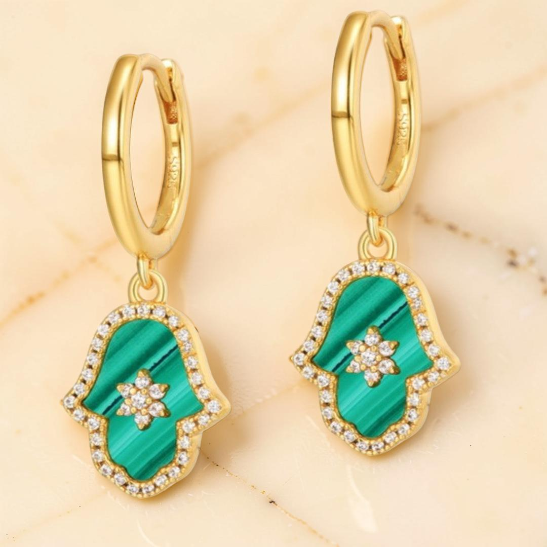 ATELIER-TIBET – Boucles d’oreilles Malachite – Main de Fatma Étoilée, Argent Plaqué Or