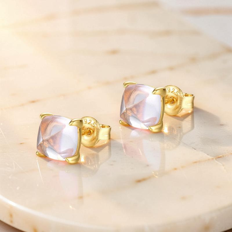 ATELIER-TIBET – Boucles d'Oreilles Quartz Rose – Éclat Divin, Argent Plaqué Or