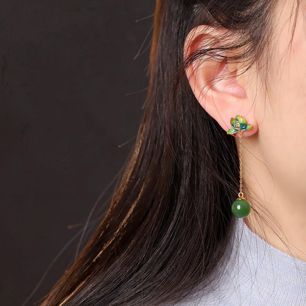 ATELIER-TIBET – Boucles d'Oreille Jade - Beauté de Lotus, Argent Plaqué Or
