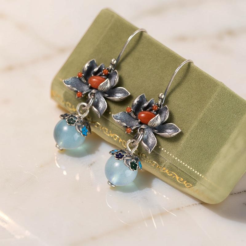 ATELIER-TIBET – Boucles d'Oreilles Aigue Marine – Lotus Sérénité, Argent