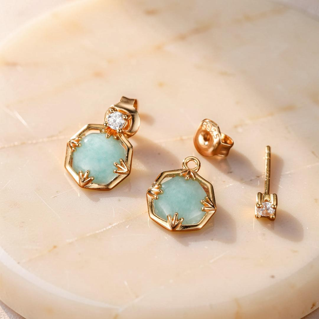 ATELIER-TIBET – Boucles d'Oreilles Amazonite et Cristal de Roche – Danse des Étoiles, Argent Plaqué Or