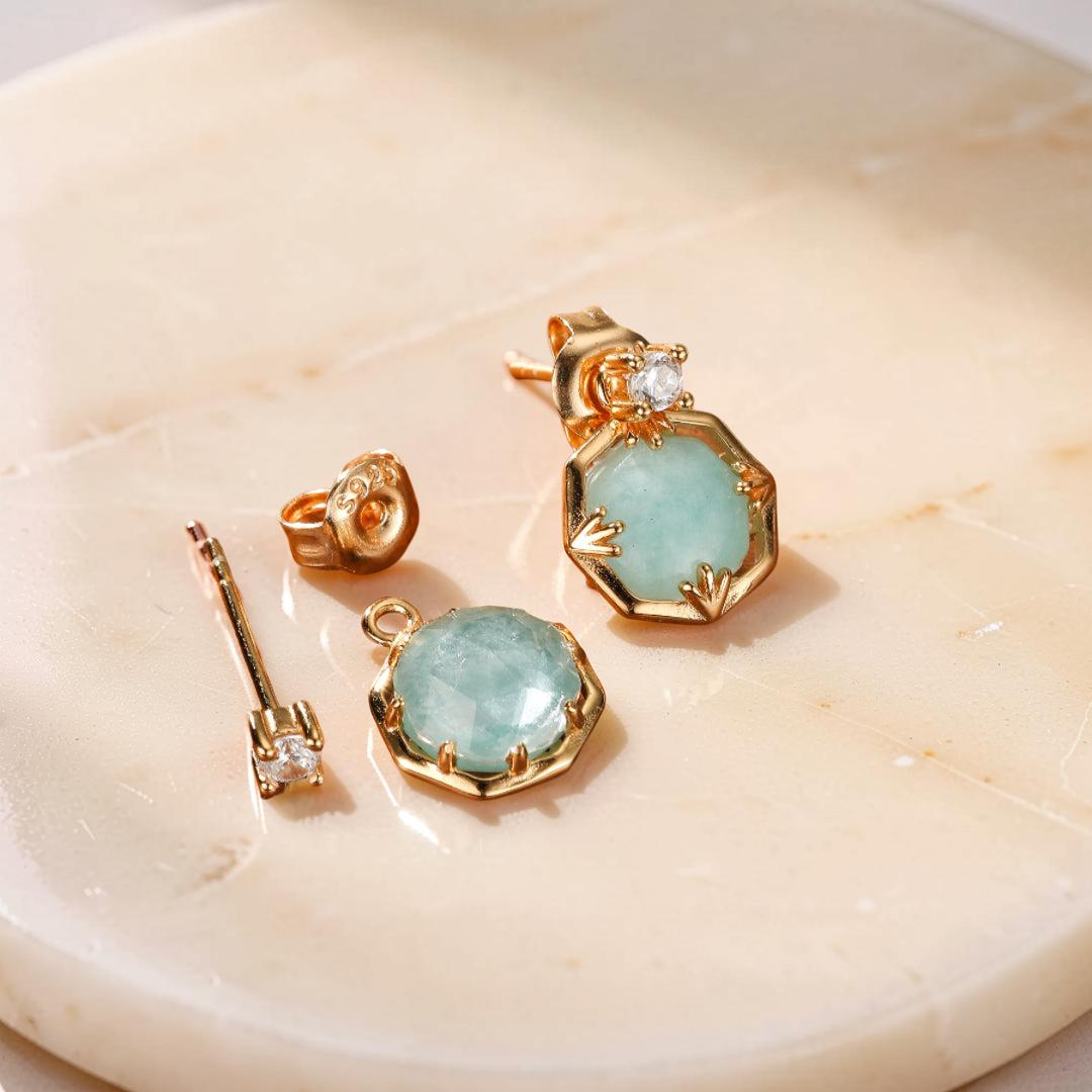 ATELIER-TIBET – Boucles d'Oreilles Amazonite et Cristal de Roche – Danse des Étoiles, Argent Plaqué Or