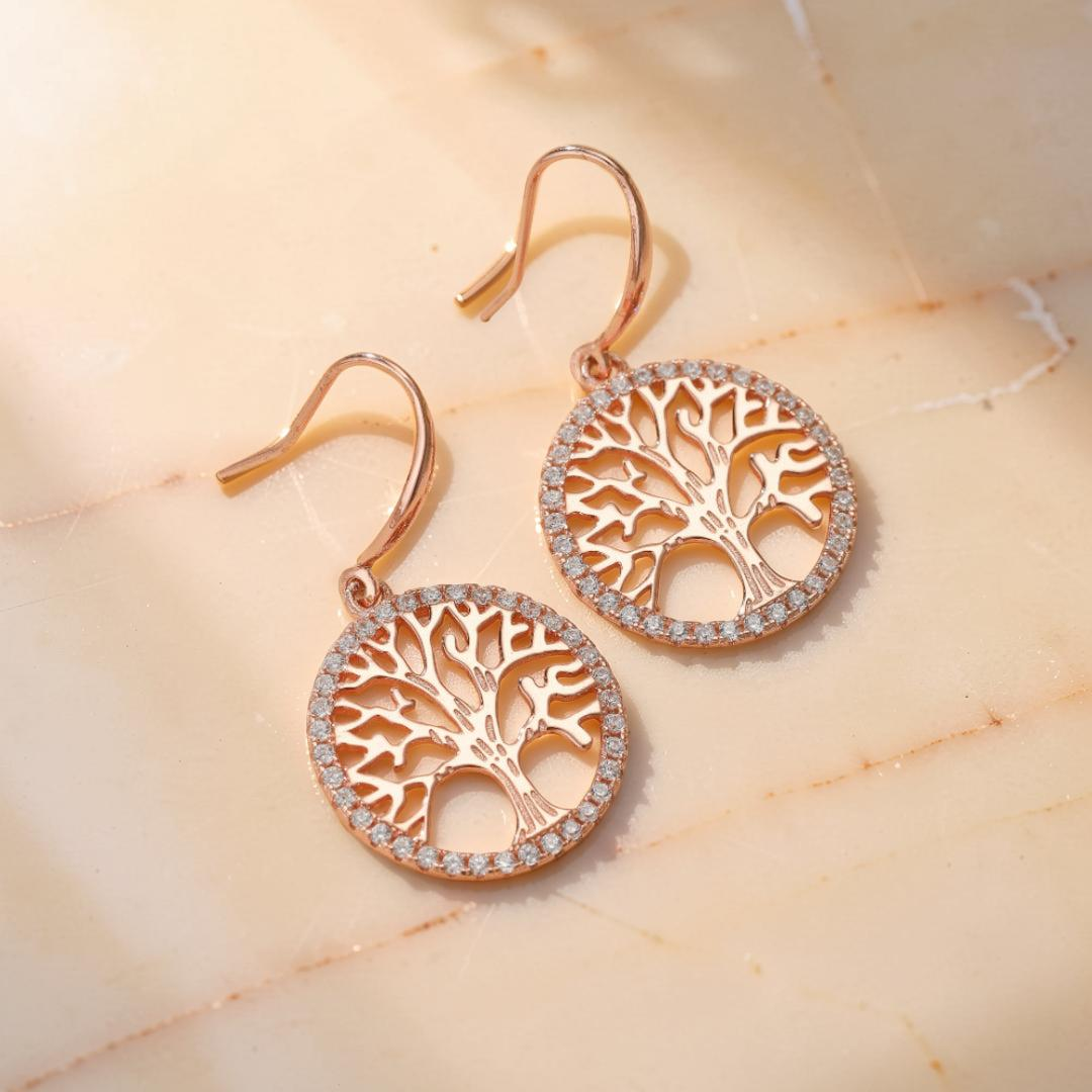 ATELIER-TIBET – Boucles d'Oreilles Arbre de Vie – Renouveau, Argent Plaqué Or Rose
