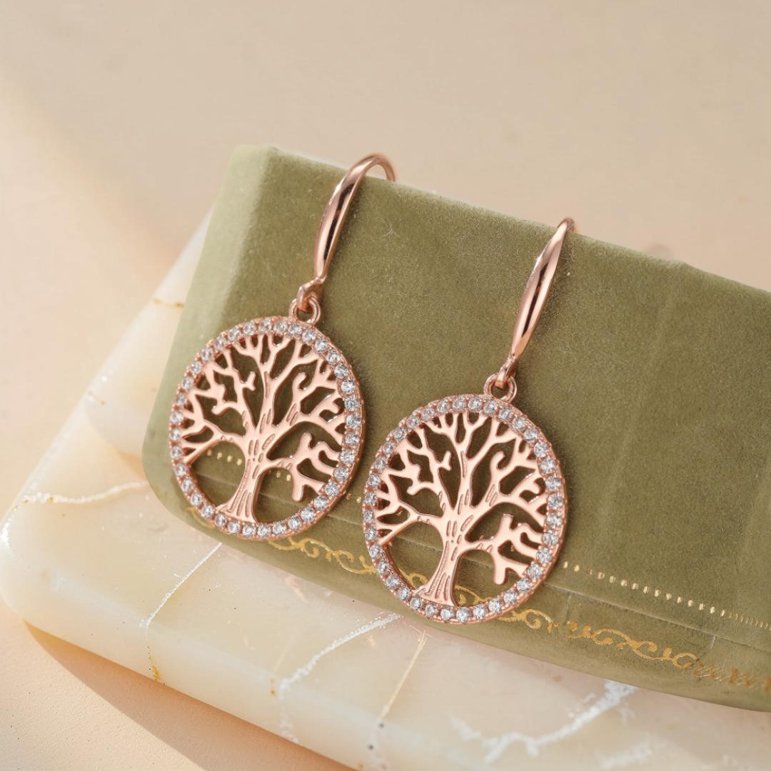 ATELIER-TIBET – Boucles d'Oreilles Arbre de Vie – Renouveau, Argent Plaqué Or Rose