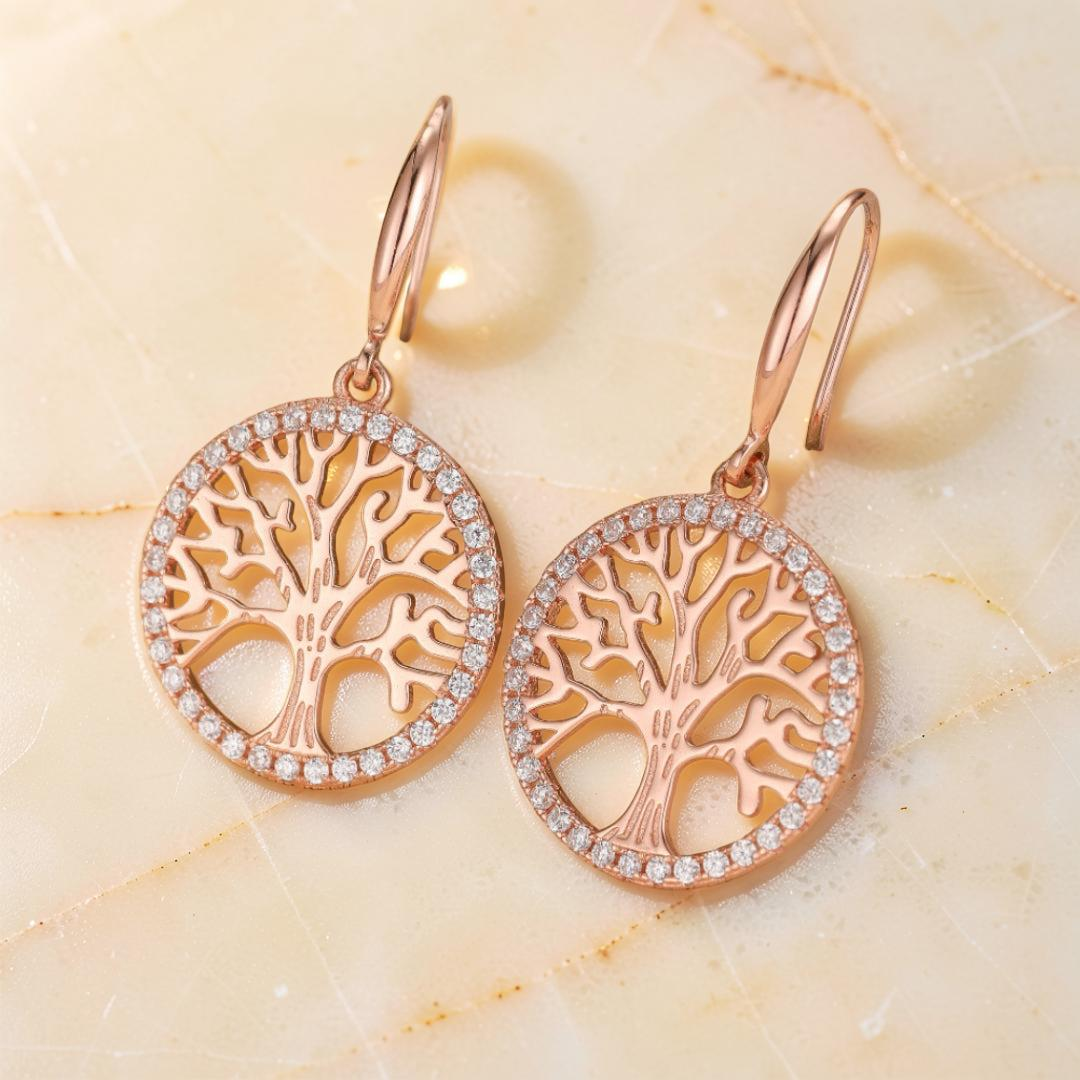 ATELIER-TIBET – Boucles d'Oreilles Arbre de Vie – Renouveau, Argent Plaqué Or Rose