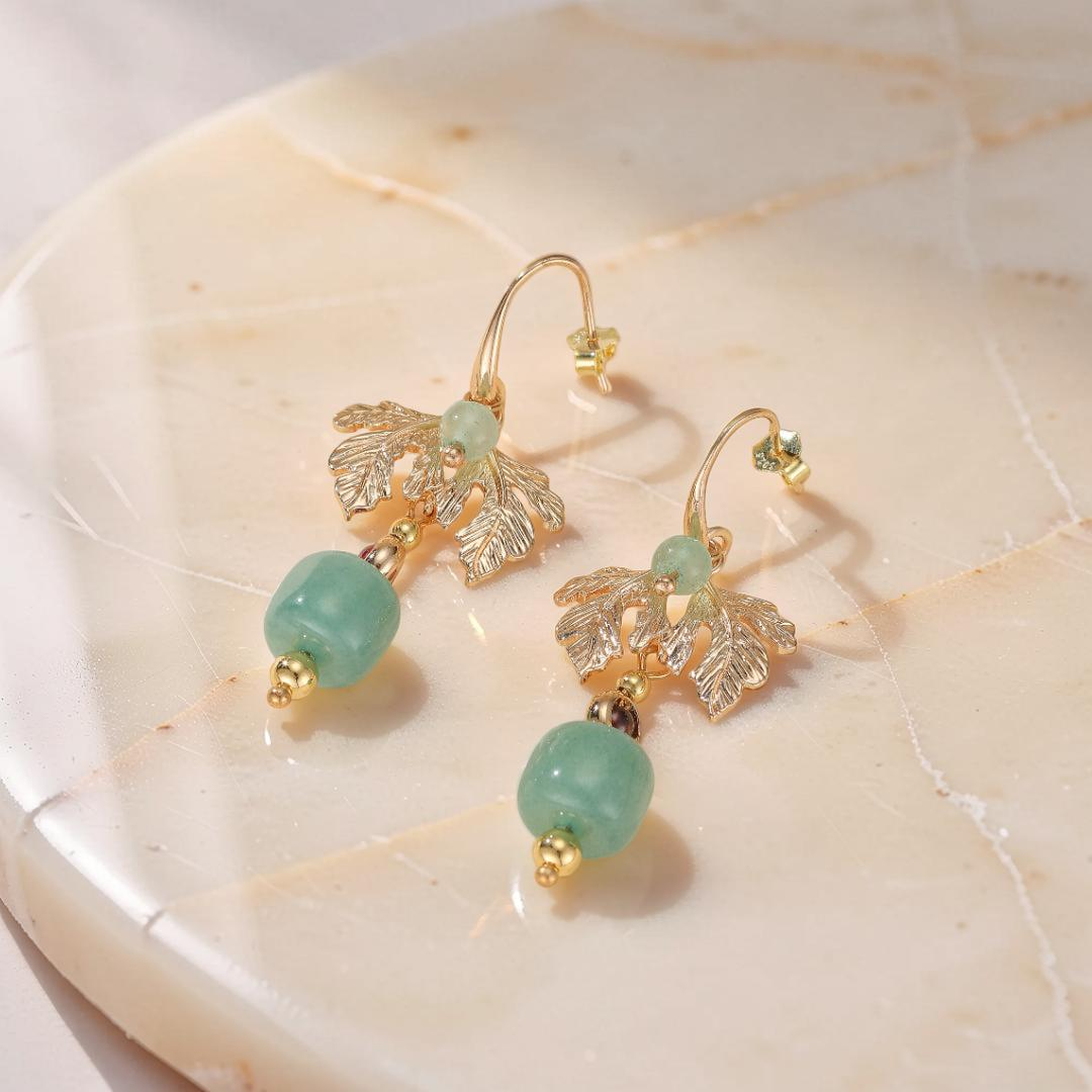 ATELIER-TIBET – Boucles d'Oreilles Aventurine –  Cœur Vert, Plaqué Or
