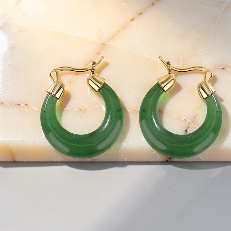 ATELIER-TIBET – Boucles d'Oreilles Créoles Jade – Sérénité, Argent Plaqué Or