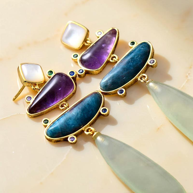 ATELIER-TIBET – Boucles d'Oreilles Jade, Améthyste et Apatite – Éclat Serein