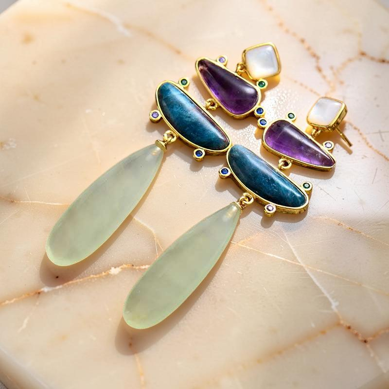 ATELIER-TIBET – Boucles d'Oreilles Jade, Améthyste et Apatite – Éclat Serein