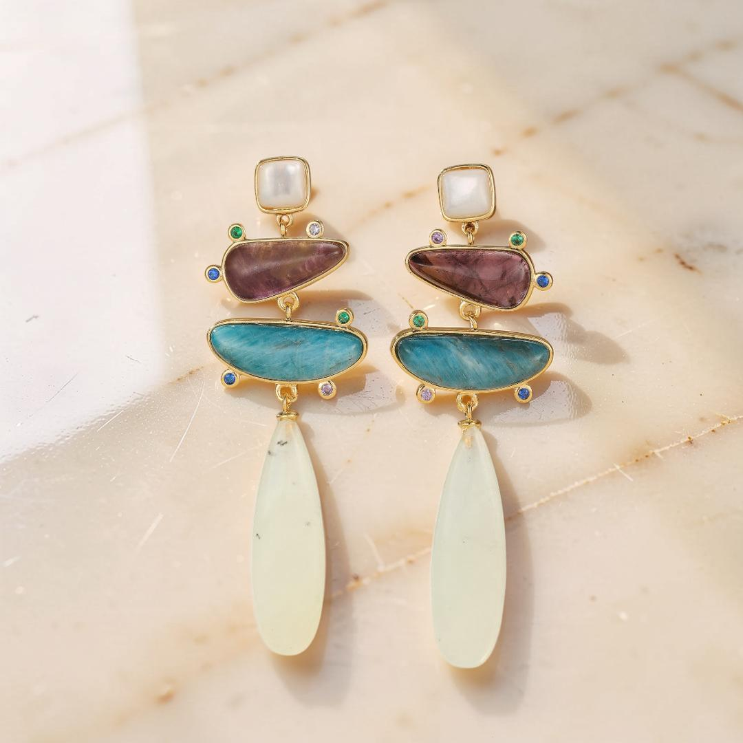 ATELIER-TIBET – Boucles d'Oreilles Jade, Améthyste et Apatite – Éclat Serein