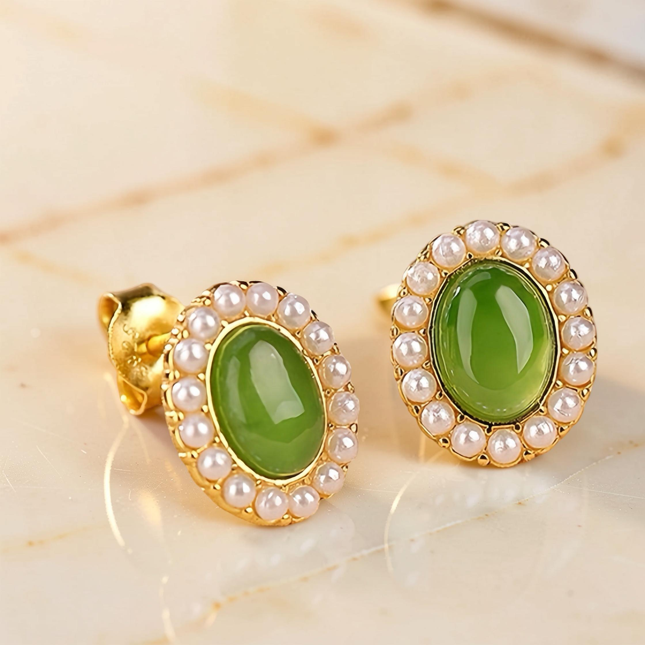 ATELIER-TIBET – Boucles d'Oreilles Jade et Perle – Douceur, Argent Plaqué Or