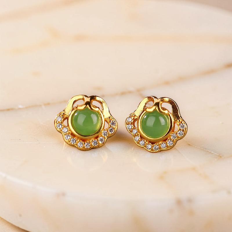 ATELIER-TIBET – Boucles d'Oreilles Jade – Nuage de Bonheur, Argent Plaqué Or