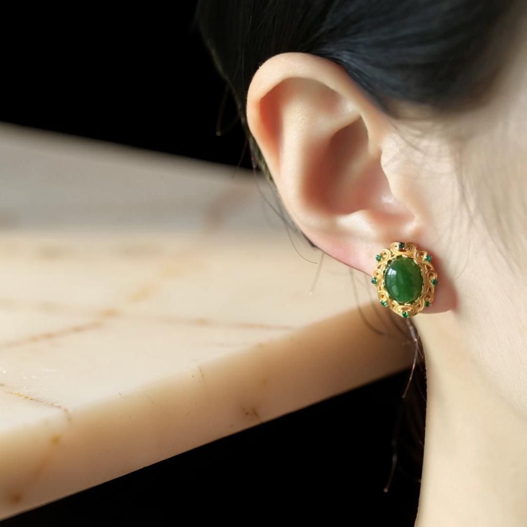 ATELIER-TIBET – Boucles d'Oreilles Jade – Nuage de Félicité, Argent Plaqué Or