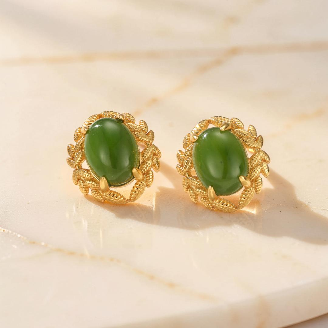 ATELIER-TIBET – Boucles d'Oreilles Jade – Reine de Jade, Argent Plaqué Or