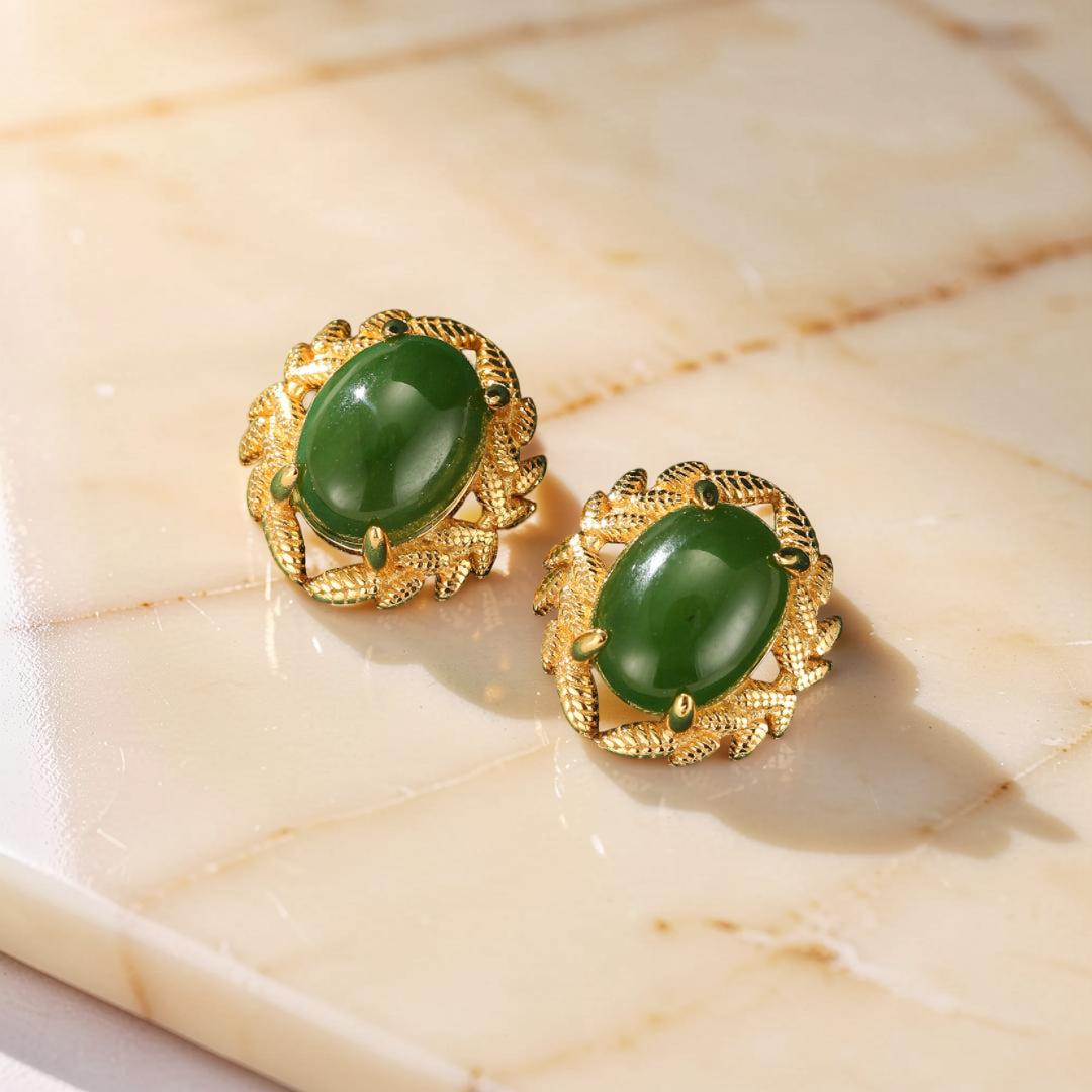 ATELIER-TIBET – Boucles d'Oreilles Jade – Reine de Jade, Argent Plaqué Or