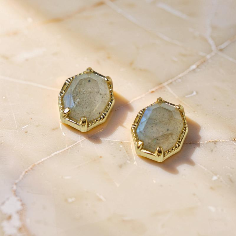 ATELIER-TIBET – Boucles d'Oreilles Labradorite – Élan Lustré, Argent Plaqué Or