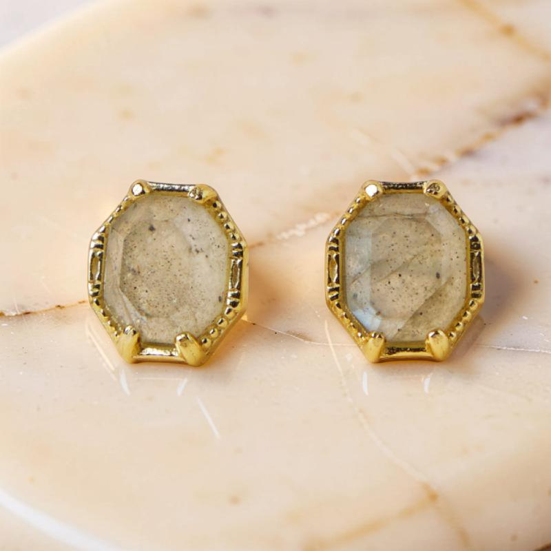 ATELIER-TIBET – Boucles d'Oreilles Labradorite – Élan Lustré, Argent Plaqué Or