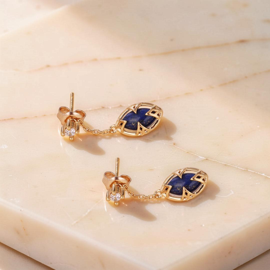 ATELIER-TIBET – Boucles d'Oreilles Lapis Lazuli et Quartz Clair – Étoile du Matin, Argent Plaqué Or