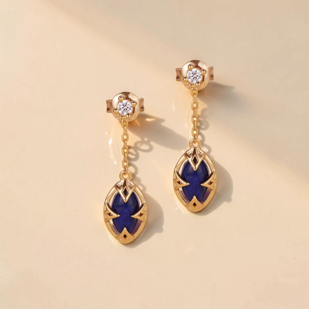 ATELIER-TIBET – Boucles d'Oreilles Lapis Lazuli et Quartz Clair – Étoile du Matin, Argent Plaqué Or