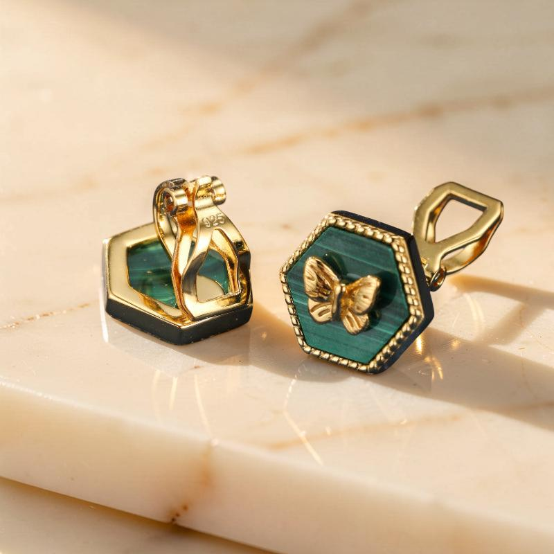 ATELIER-TIBET – Boucles d'Oreilles Malachite – Élégance Papillon,  Argent Plaqué Or