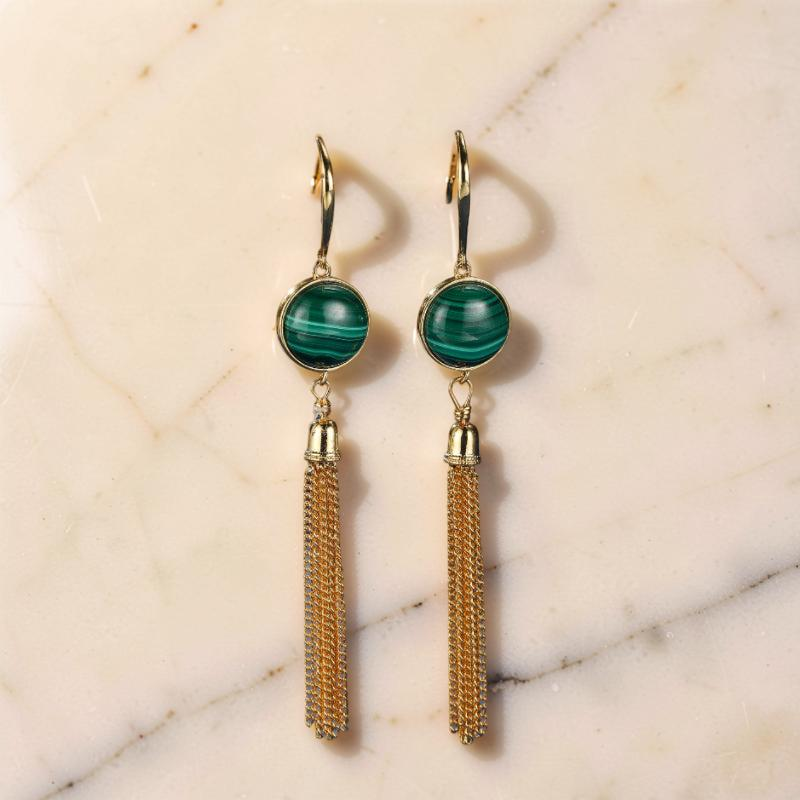 ATELIER-TIBET – Boucles d'Oreilles Malachite – Glamour, Argent Plaqué Or