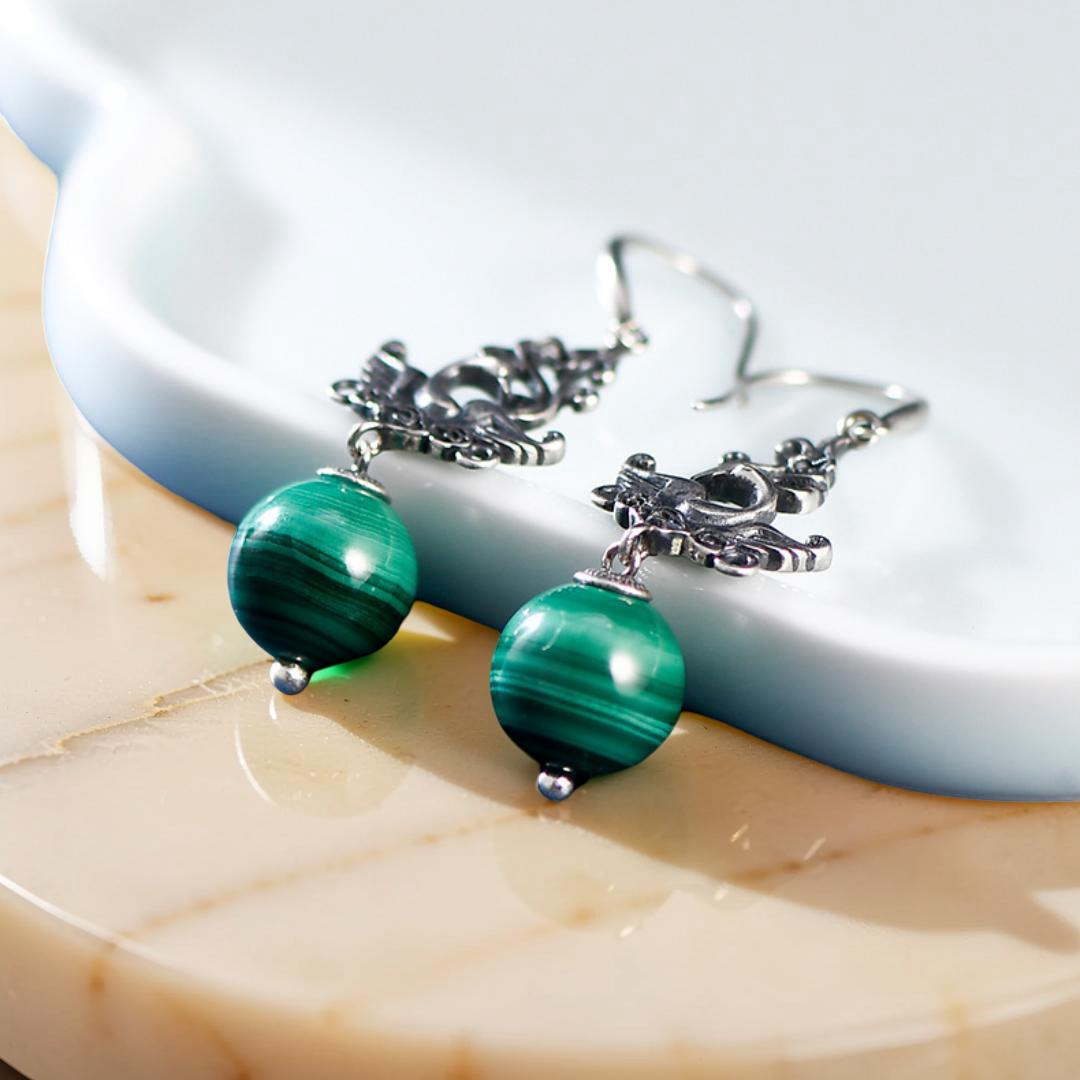 ATELIER-TIBET – Boucles d'Oreilles Malachite – Phénix de Renaissance, Argent 925