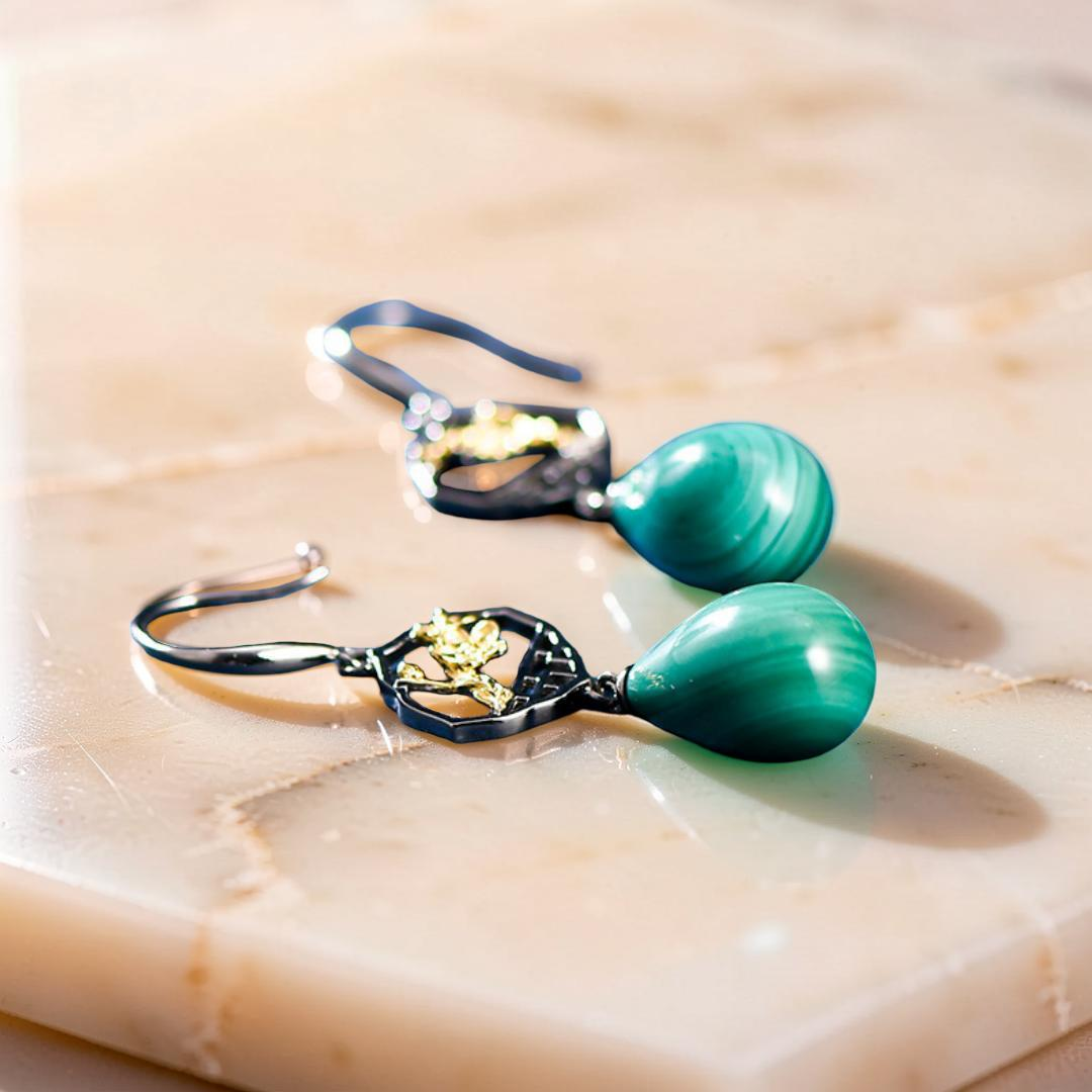 ATELIER-TIBET – Boucles d'Oreilles Malachite – Sakura, Argent 925