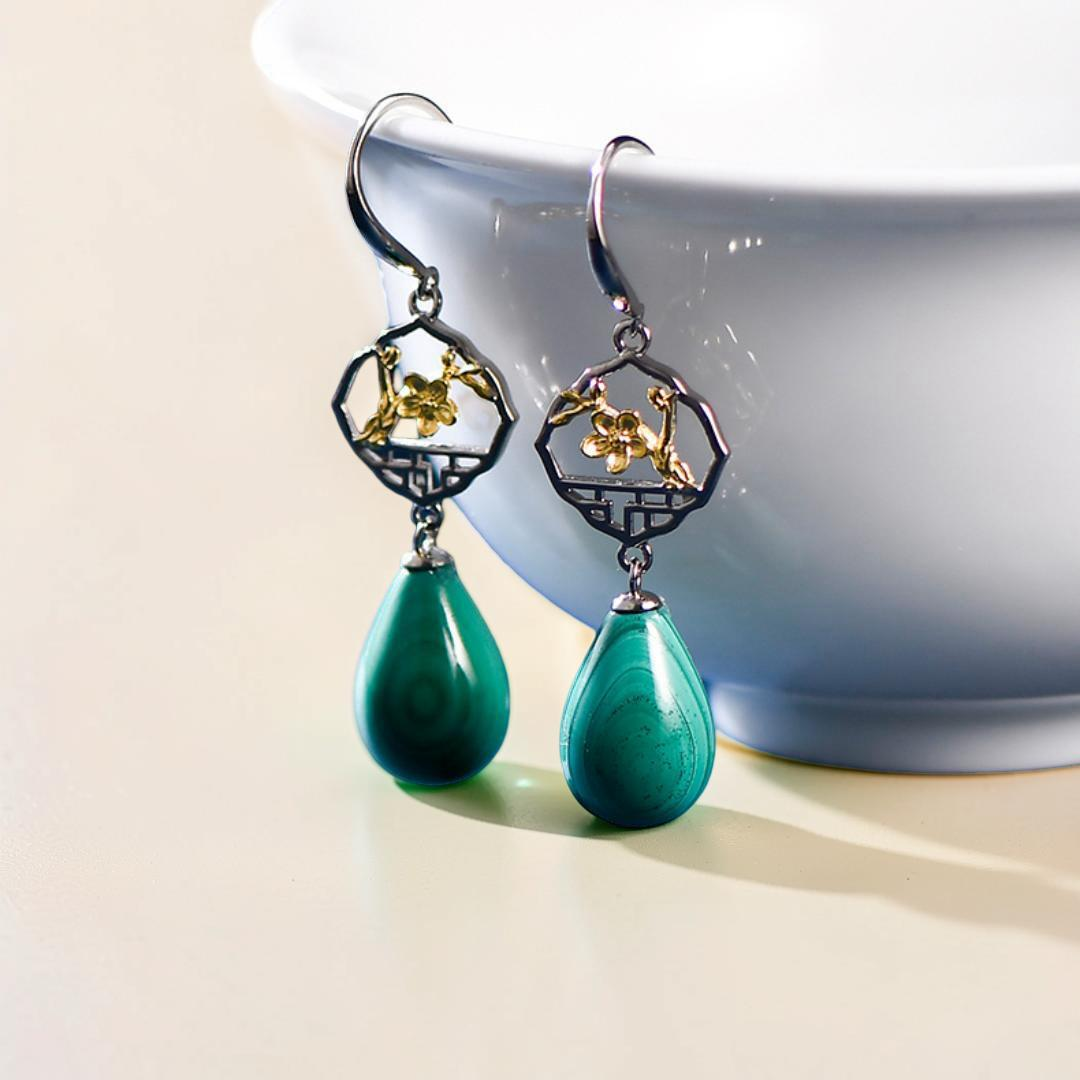 ATELIER-TIBET – Boucles d'Oreilles Malachite – Sakura, Argent 925