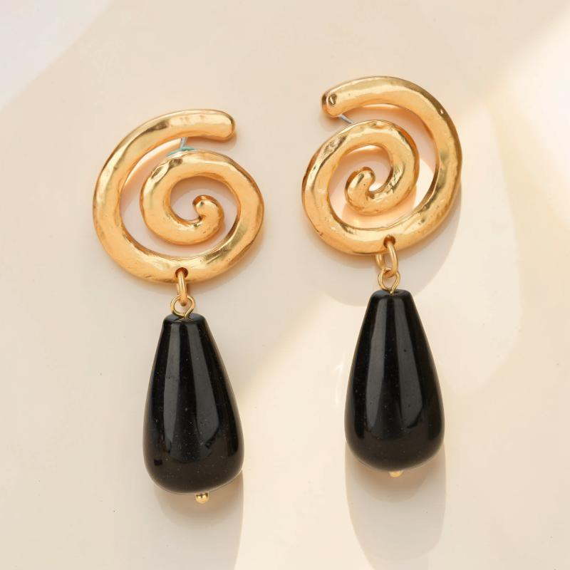 ATELIER-TIBET – Boucles d'Oreilles Obsidienne – Vintage Spirale