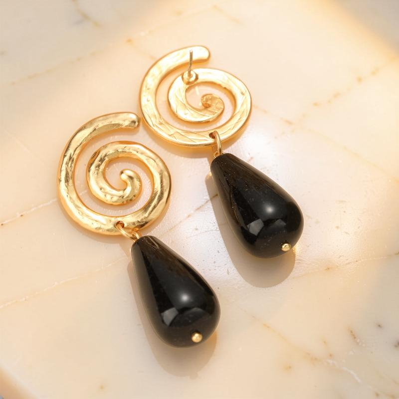 ATELIER-TIBET – Boucles d'Oreilles Obsidienne – Vintage Spirale